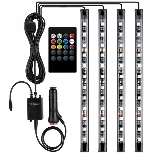 RGB-LED Innenbeleuchtung Auto | Ambientebeleuchtung Auto Atmosphäre Licht mit APP | Wasserdicht | Strip mit Zigarettenanzünder | 4x LED-Streifen 12 LEDs 5050 22cm | IR-Fernbedienung | Musikmodi