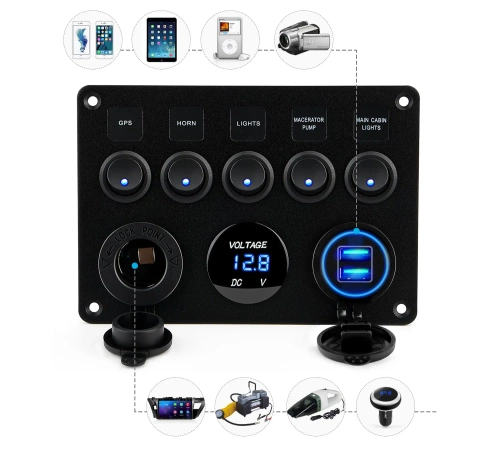 Bedienfeld 12V 24V IP65 mit USB | Bedienfeld mit beleuchteten Schaltern | Dual-USB-Ladegerät 2,1 A/5 V | 12V Zigarettenanzünderbuchse 