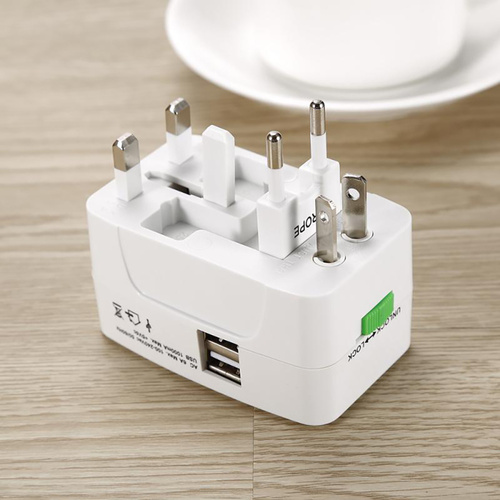 Multifunktionales Reiseadapter, Netzadapter mit Ladegerät und zwei USB-Anschlüssen | EU/USA/CN/UK/AUS | AD-T202