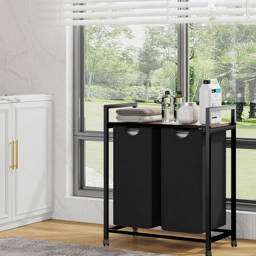 Wäschekorb mit Regal | Doppelfach-Wäschekorb | Wäschekorb mit Rollen | MZ-B20-BLACK