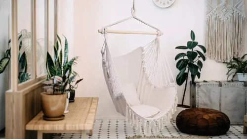 Hängesessel, brasilianischer Stuhl, Hängematte, Schaukel | 2 Kissen, Holzspreizstab, bis 120 kg | beige | ZY-V004