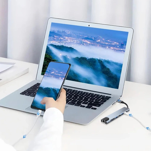 USB-C Hub mit 2x USB-A + 2x USB-C + SD + TF + HDMI + LAN | Adapter, Typ C 8-in-1 Splitter | HUB