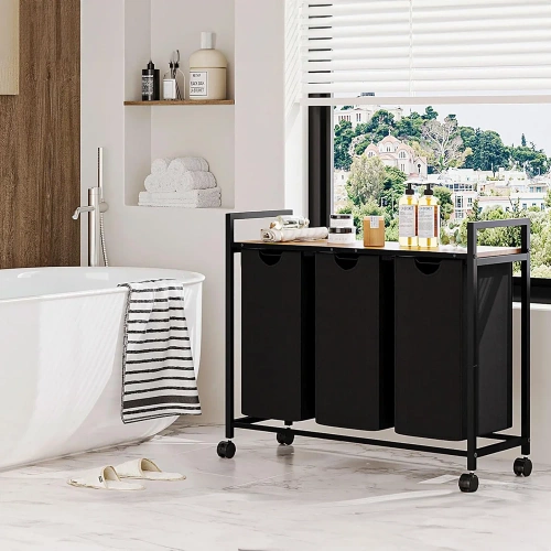 Wäschekorb mit Regal | Dreifach-Wäschekorb | Wäschekorb mit Rollen | MZ-B30-SCHWARZ