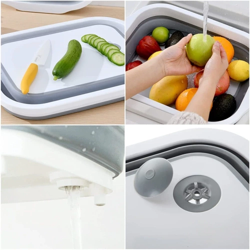 Faltbare Spülschüssel mit Ablauf | Camping-Schüssel mit Schneidebrett | ZXS-398-GREY