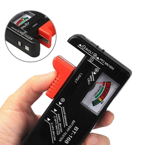 Batterietester | analoges Voltmeter | universeller Tester für Batterien und Akkus | schwarz | BT-168-BLACK