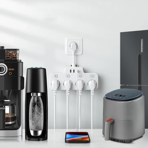 Steckdosenleiste mit 4 Schuko-Steckdosen 45° mit USB-A, USB-C PD 20 W und Lightning | BGS-A+C+L-W