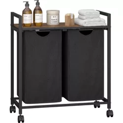 Wäschekorb mit Regal | Doppelfach-Wäschekorb | Wäschekorb mit Rollen | MZ-B20-BLACK