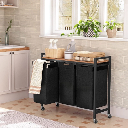 Wäschekorb mit Ablage | dreifach unterteilt, mit Rollen | schwarz | MZ-B30-BLACK