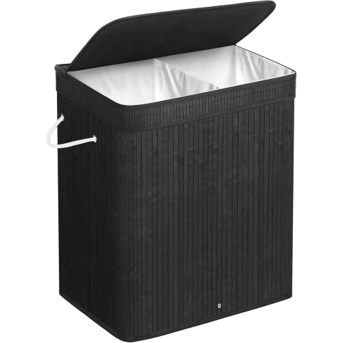 Schwarzer Wäschekorb | Bambus Spielzeugkiste | Holzwäschekorb | Zweifach Wäschekorb für das Badezimmer | RYL-100L-BLACK