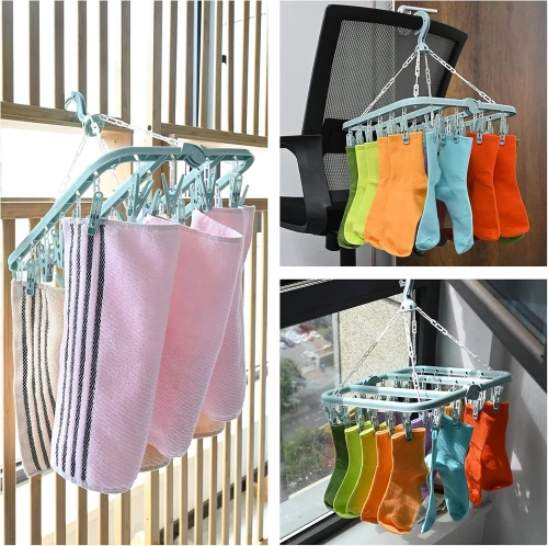 Hängender Wäscheständer für Kleidung, Unterwäsche und Socken | Wäscheständer für Unterwäsche | 32 Clips | SDC-D032-BLUE