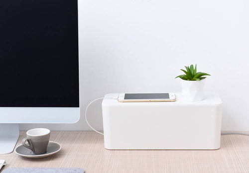 Kabelbox Organizer mit Handyhalterung | Aufbewahrungsbox für Steckdosenleisten und Kabel | weiß | JB2318