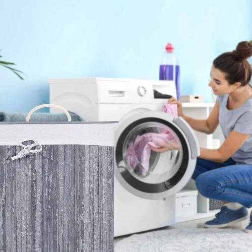 Grauer Wäschekorb | Bambus-Spielzeugbehälter | Holzwäschekorb | Einzelkammer-Wäschesammler für das Badezimmer | Eckiger Wäschekorb | AYL-60L-GREY
