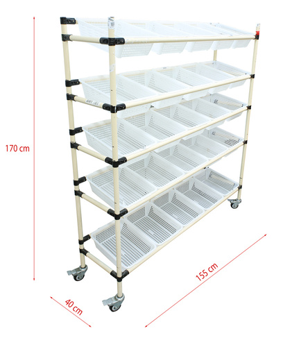 Rollwagen 155x170x40 zum Verpacken von Waren | 25 Körbe, je 39x30x11 cm | Tragfähigkeit 75kg | Metallstruktur