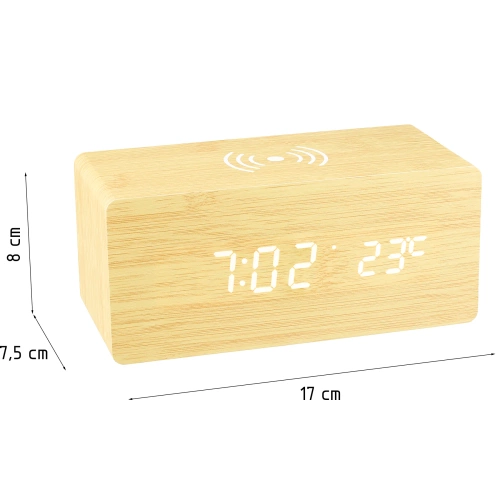 Holz Digitaluhr mit LED-Anzeige und 10 W Induktionsladegerät | Wecker mit 3 Alarmzeiten und Thermometer | SXM-017