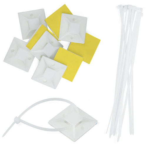 Kabel- und Leitungsorganizer Set | 10 Stück, Kabelbinder mit Basis und Schaumstoffklebeband, 40 mm | weiß | KZ-D06-40MM