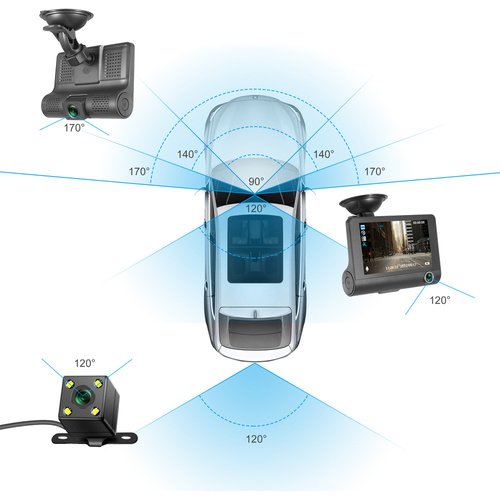Video-Recorder, Autokamera | 3 Kameras - Vorderseite, Rückseite, Innenraum | FullHD 1296p | Bildschirm 4" | PZ-E9