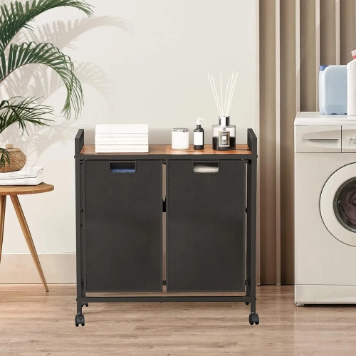 Wäschekorb mit Regal | Doppelfach-Wäschekorb | Wäschekorb mit Rollen | MZ-B20-BLACK
