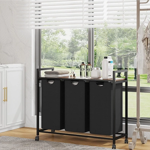 Wäschekorb mit Regal | Dreifach-Wäschekorb | Wäschekorb mit Rollen | MZ-B30-SCHWARZ