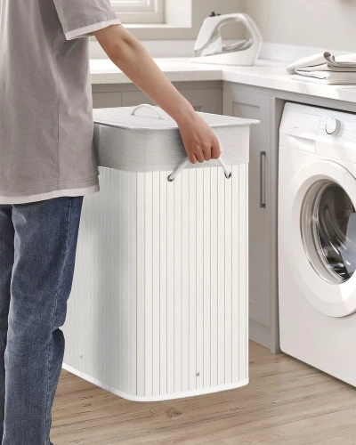 Weißer Wäschekorb | Bambus Spielzeugkiste | Holzwäschekorb | Zweikammer Wäschesammler für das Badezimmer | ZYL-100L-WEISS