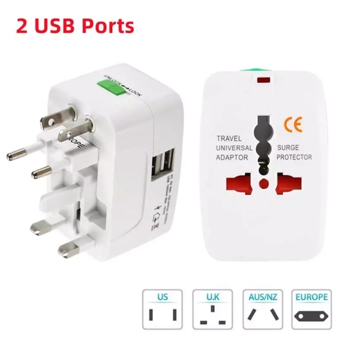 Multifunktionales Reiseadapter, Netzadapter mit Ladegerät und zwei USB-Anschlüssen | EU/USA/CN/UK/AUS | AD-T202