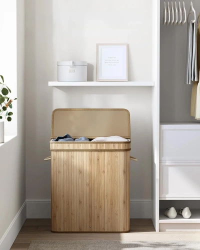 Wäschekorb aus Holz und Bambus | 100 l | zweigeteilter Wäschesammler, auch als Spielzeugbox geeignet | RYL-100L-LIBR