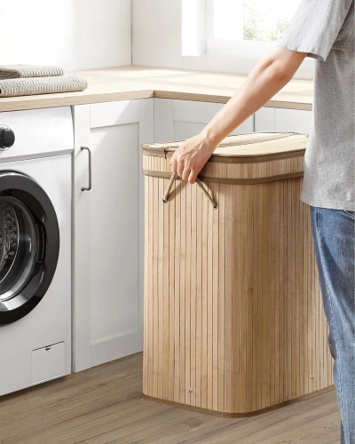 Holzkorb für Wäsche | Bambusbehälter für Spielzeug | Holzkorb für Kleidung | Zwei-Kammer-Wäschesammler für das Badezimmer | RYL-100L-LIBR