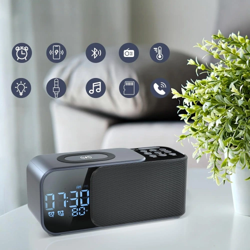 FM-Radio mit Wecker und kabellosem Ladegerät | Multifunktionswecker mit Bluetooth | WD-500-BK