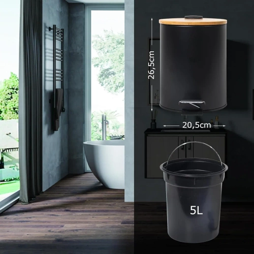 Bad-Mülleimer | rund, Bambusdeckel, Pedal, 5 l | schwarz | GY-TB5L