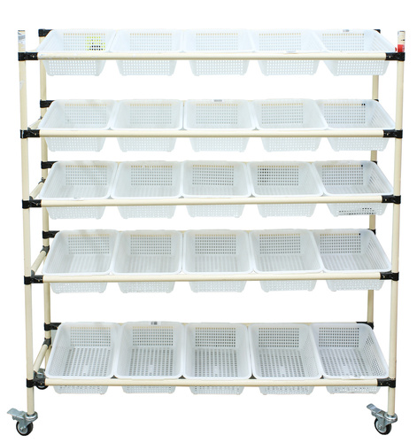 Rollwagen 155x170x40 zum Verpacken von Waren | 25 Körbe, je 39x30x11 cm | Tragfähigkeit 75kg | Metallstruktur
