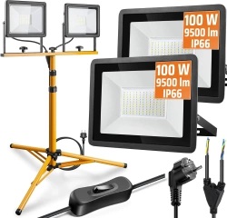 Arbeitsstativ 1,6M für Scheinwerfer | Beleuchtungsset mit 2 Halogenlampen 100W mit Stativ und Schalter | FLT-1.6M