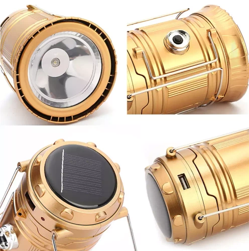 LED-Campinglampe mit Solarladefunktion, Taschenlampe mit Powerbank-Funktion | gold | HWL-001-EU