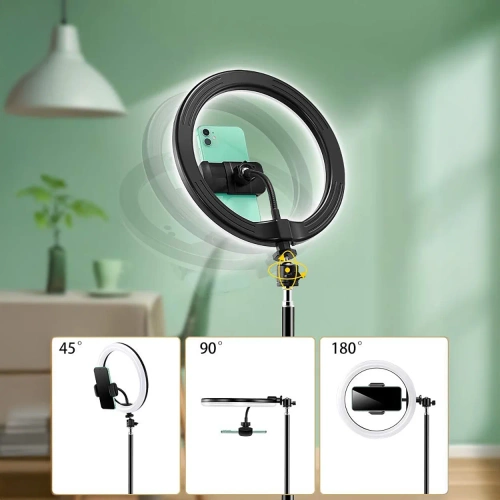 LED-Ringleuchte | 26 cm mit Stativ 210 cm, Set mit Handyhalter für Make-up, Streaming und Aufnahmen |