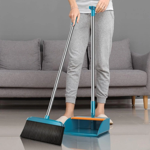 Reinigungsset mit Besen und Kehrschaufel mit langem Stiel | Besen mit drehbarem Kopf und klappbarer Kehrschaufel | FBS-2in1-Blue