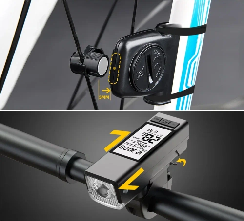  3-in-1 LED Fahrradlicht 450 lm | Computer zur Messung von Geschwindigkeit, Distanz und Zeit | Starke Beleuchtung mit Tonsignal | MBLBD-3201