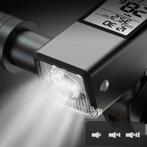  3-in-1 LED Fahrradlicht 450 lm | Computer zur Messung von Geschwindigkeit, Distanz und Zeit | Starke Beleuchtung mit Tonsignal | MBLBD-3201