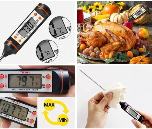 Digitales Küchenthermometer | Thermometer mit Sonde | Gerät zur Überprüfung der Temperatur von Speisen | TP-101-SCHWARZ