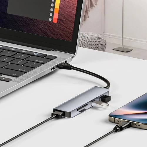 USB-C Hub mit 3x USB + SD + TF Kartenleser | Typ C 5-in-1 Adapter, Splitter | HUB