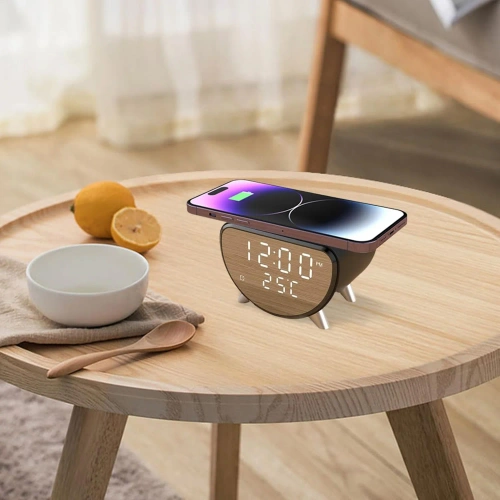 Smarter LED-Wecker mit 15-W-Qi-Ladegerät, Thermometer und 3 Alarmen | USB-Uhr fürs Schlafzimmer | SZ07-15W-BR
