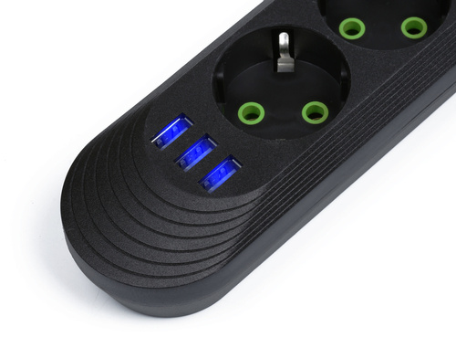 Steckdosenleiste 2 m | 3 Steckdosen + 3x USB | schwarz | LH-F03U