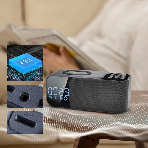 FM-Radio mit Wecker und kabelloser Ladefunktion | Multifunktionslautsprecher mit Bluetooth und Induktionsladegerät | WD-500-BK