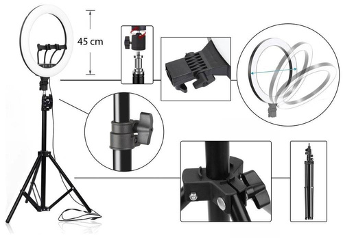 LED-Ringlicht 4in1 | 260 mm | höhenverstellbares Stativ 210 cm | Netzladegerät WA-001 | Bluetooth-Fernbedienung iOS / Android | SENY 260T