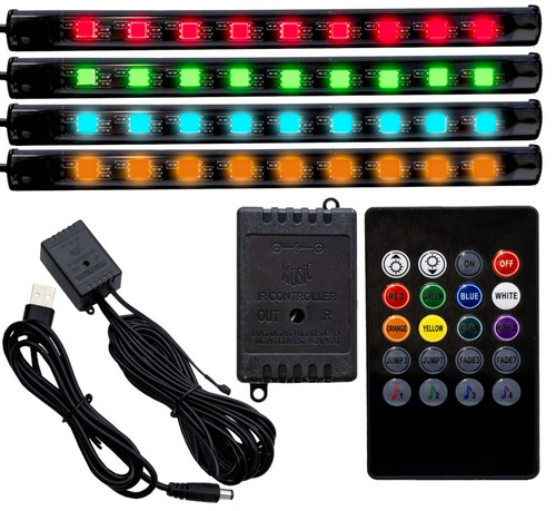 LED-Auto-Innenraumbeleuchtung unter USB | Bluetooth-Verbindung mit Smartphone-App | 4x LED-Streifen 9x 5050 SMD 15 cm | IR-Fernbedienung | Musikmodus