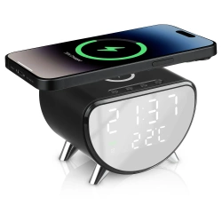 LED-Wecker mit Qi-Ladefunktion 15 W, Thermometer und 3 Alarmzeiten | USB-Uhr für das Schlafzimmer | SZ07-15W-BR