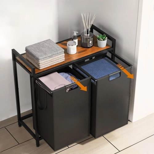 Wäschekorb mit Ablage | 2 Fächer | mit Rollen | schwarz | MZ-B20-BLACK