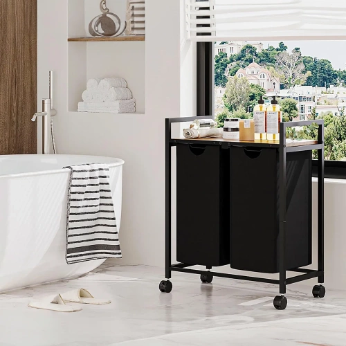 Wäschekorb mit Regal | Doppelfach-Wäschekorb | Wäschekorb mit Rollen | MZ-B20-BLACK