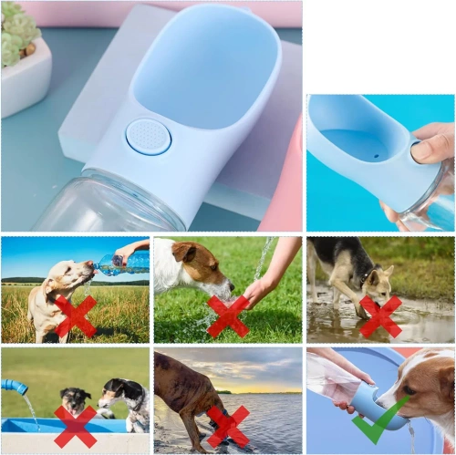 Tragbare Trinkflasche für Haustiere | Wasserflasche für Hund oder Katze | Trinkflasche mit angehängter Schale | PAC-500ML-BLUE