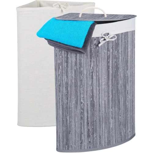 Grauer Wäschekorb | Bambus-Spielzeugbehälter | Holzwäschekorb | Einzelkammer-Wäschesammler für das Badezimmer | Eckiger Wäschekorb | AYL-60L-GREY