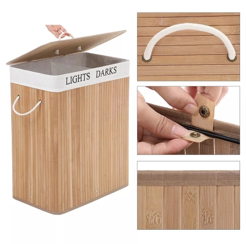 Wäschekorb | 100 l, zweiteilig, aus Bambus und Holz, auch als Spielzeugbox verwendbar | ZYL-100L-LIBR