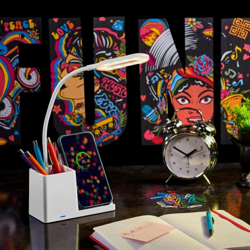 Smarte LED-Schreibtischlampe mit kabellosem Qi-Laden | 3-in-1-Schreibtischlampe mit Organizer und Ladegerät | Moderne Arbeitszimmerlampe mit Organizer | MD-K5-15W