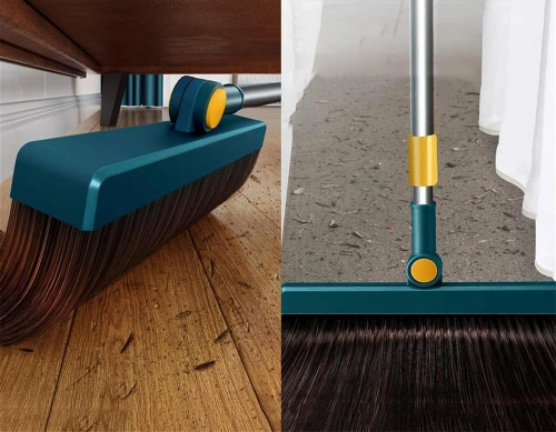 Reinigungsset mit Besen und Kehrschaufel mit langem Stiel | Besen mit drehbarem Kopf und klappbarer Kehrschaufel | FBS-2in1-Blue